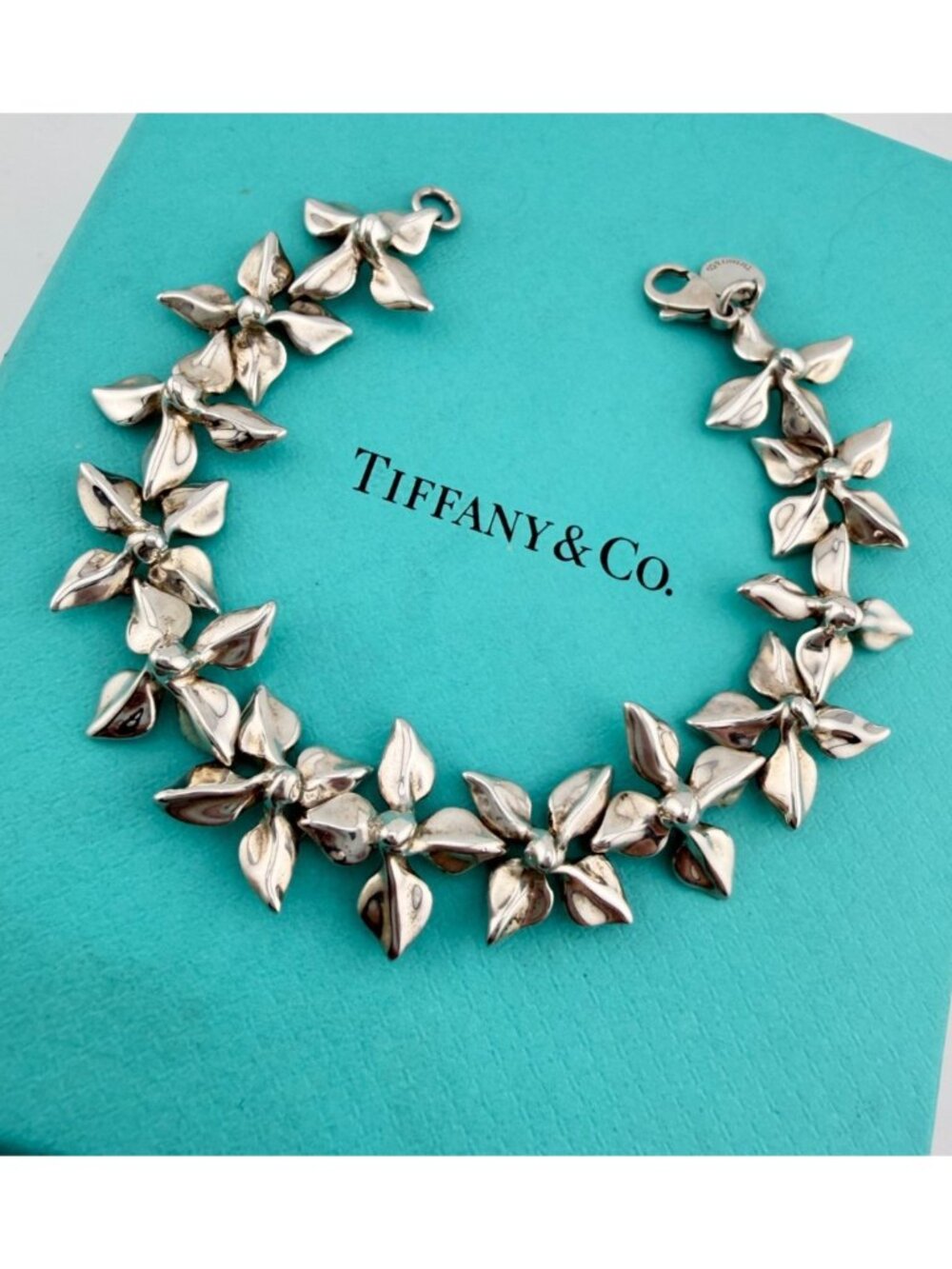 Tiffany & Co. Four Leaf Flower Chain Bracelet Sterling Silver 23.5g Rare